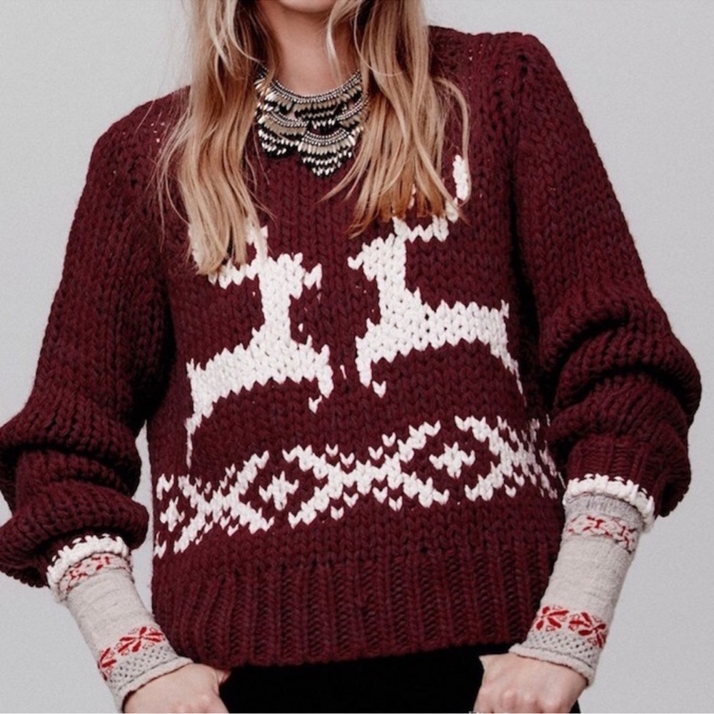 Free People Prancer and Dancer Sweater — Wine & Ivory - Picture 2 of 9